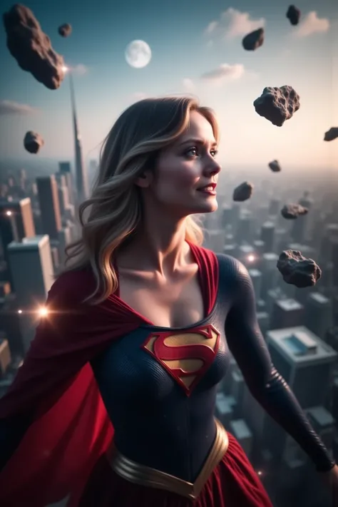 heroic인 인물,and shows off the majesty of Supergirl {x} by tearing off her shirt,looks at a meteorite falling,떨어지는 meteorite을 바라보다,top quality, 8K resolution ,extremely realistic,Professional ,physics-based rendering,intense color,beautiful bokeh effect,Scenery,heroic,Action ,In the air,city,moon,meteorite