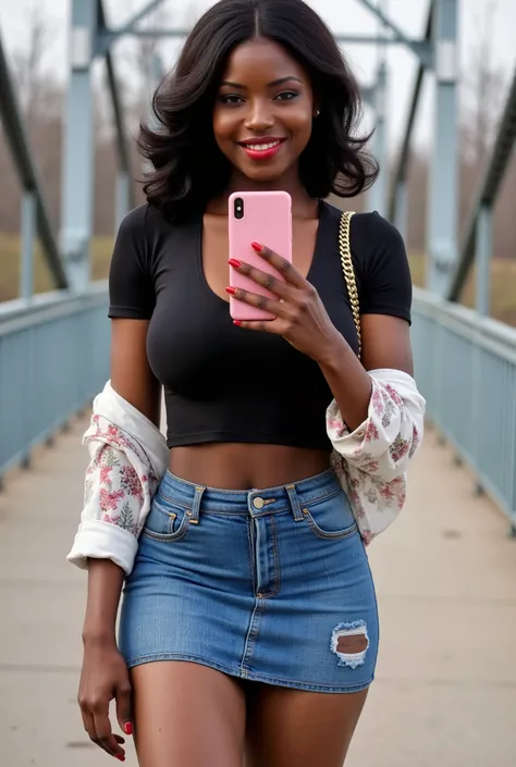 (masterpiece, better quality:1.2)Full body , A beautiful 19 year old black girl. The dark haired girl with soft, wavy hair and brown eyes, dark red lipstick on full lips, nice round breasts, flat toned stomach , fantastic legs. standing on a pedestrian bri...