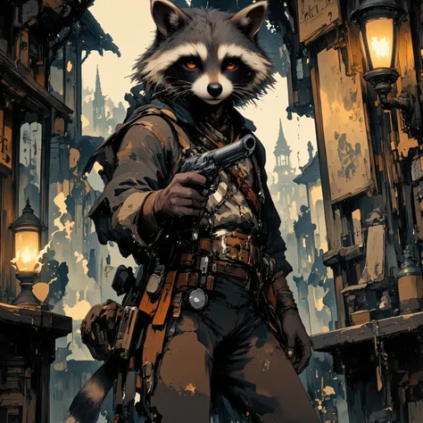 (masterpiece, best quality:1.2), 1animal, solo,(raccoon ,no hat,Western Gunman,vintage,aiming at viewers ),ink wash painting, (Wanted letter in the western bar)