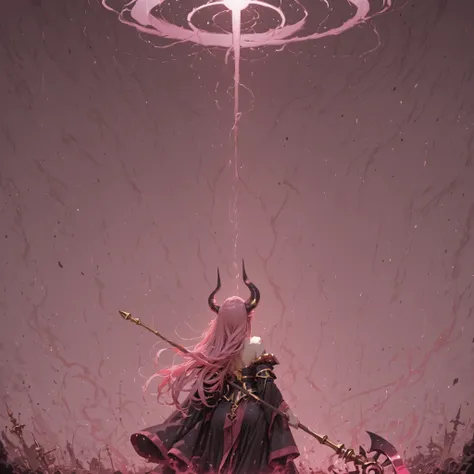 Highest Quality masterpiece god々like Demon King negative aura facing forward A Golden Staff Floating in the Air cool pink hair straight