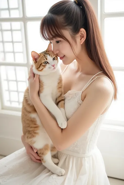 Create a photo collection featuring a beautiful Japanese idol girl with fair skin. She has long straight hair styled in a ponytail with bangs. Dressed in a pure white dress, she is in a bright, white room with white lattice windows. The girl is gently hold...