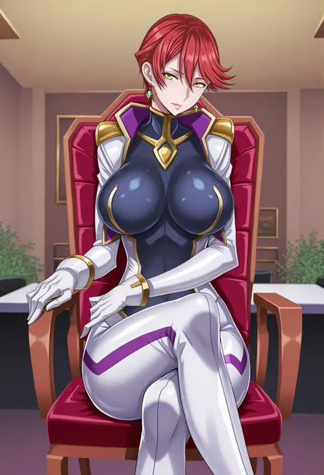 Narah_Pilot suit ,Narah vaughn,one girl,Alone, red hair,Sitting,crossed legs,poetry,breasts,chair,yellow eyes,gloves,looks at the viewer,Jewelry,Earrings, lipstick ,large breasts,mature female,mature mothers, raita style