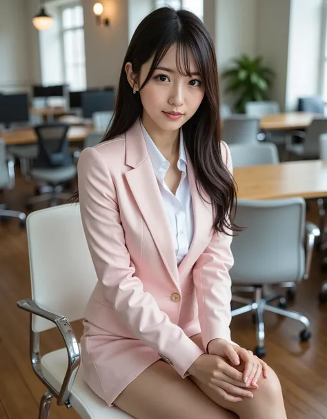 Highest Quality, (((full body shot:1.4))), (((From the top of her head to the tips of her feet :1.9))), Sleek long black hair , Professional Office Lady with Long Dark Hair, is sitting in a chair with her legs crossed, The height of the chair is 60cm, det...