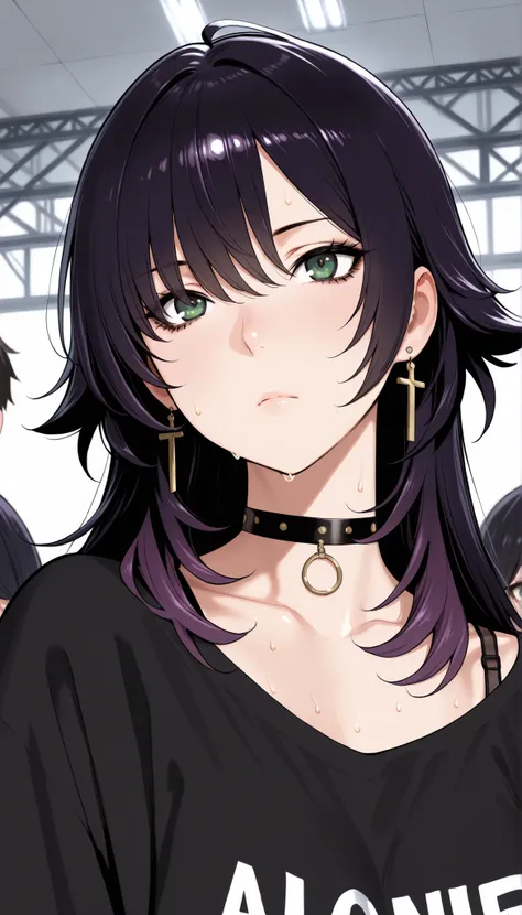 girl, alone , black hair, wolf cut, long hair, dark purple hair tips, bungs, long bangs, eyes visible through hair, side lock, DARK GREEN EYES, black eyeliner, mascara, cross earrings, industrial drilling , choker, black sweatshirts, sweat on shoulders ,...