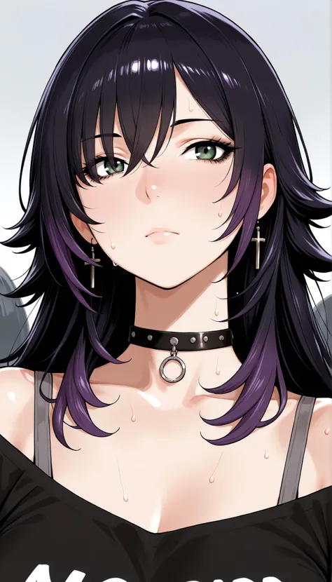 girl, alone , black hair, wolf cut, long hair, dark purple hair tips, bungs, long bangs, eyes visible through hair, side lock, DARK GREEN EYES, black eyeliner, mascara, cross earrings, industrial drilling , choker, black sweatshirts, sweat on shoulders ,...