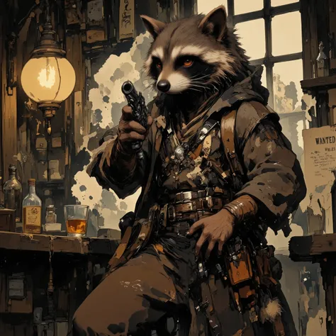 (masterpiece, best quality:1.2), 1animal, solo,(raccoon ,no hat,Western Gunman,vintage,drinking a glass of alcohol ),ink wash painting, (Wanted letter in the western bar)