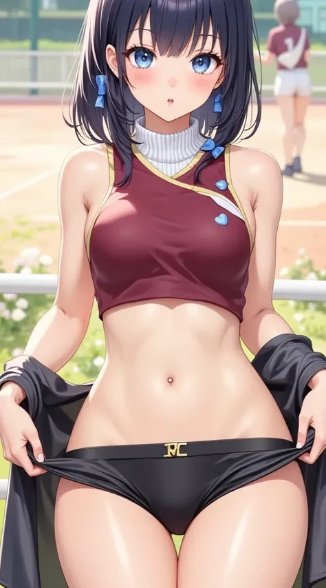  (masterpiece,  computer, mejor quality,  Clear focus, shadow, anime style, Ultra High Resolution, 8K, perfect anatomy, rostro perfecto, (detailed face), (  Detailed eye  ), score_9, score_8_up, score_7_up, score_6_up, score_5_up, score_4_up,  source _Animated, Label 1, Label2, quality_masterpiece, butt, beautiful face, rostro perfecto, Beautiful and highly detailed face and eyes, Attractive face, detailed face, delicate facial features, detailed leather, huge breasts, breast size cup D or DD, caderas anchas, gigantic butt texture, thick thighs. Anime style illustration with a sensual and charming appearance of attractive appearance, with short hair, plain and very dark blue, adorned with small blue ribbons. She has big, bright blue eyes, slightly embarrassed or shy expression, blushed cheeks. She wears a sleeveless sports t-shirt in wine red with white and yellow details, skirt fitted to the body, and a white turtle-like knitted collar. She's lifting partly a short white fabric skirt with gold zipper, showing tight black sports shorts with white details. She holds the skirt with both hands, holding a blue heart-shaped brooch. She wears a dark gray jacket dropped over her arms. bottom: outdoor sports court with grass and blurry buildings in the background, under bright daylight. Art Style: realistic anime, Bright colors, sombreado suave, shining details in the eyes and slightly shiny skin.