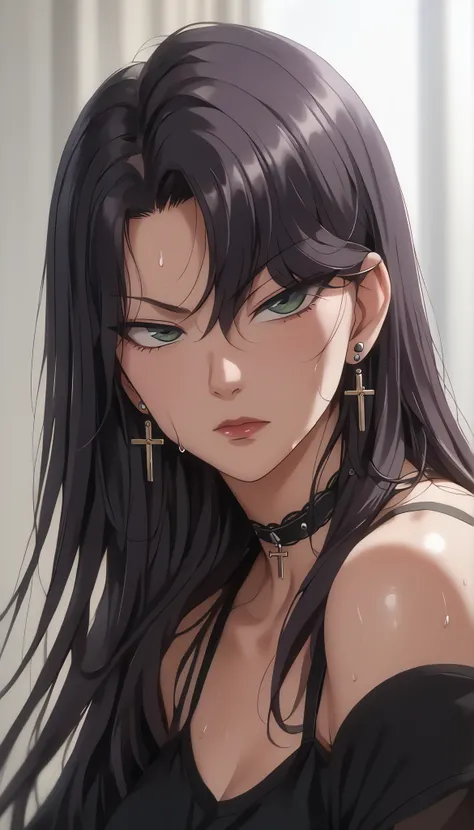 girl, alone , black hair, wolf cut, long hair, dark purple hair tips, bungs, long bangs, eyes visible through hair, side lock, DARK GREEN EYES, black eyeliner, mascara, cross earrings, industrial drilling , choker, black sweatshirts, sweat on shoulders ,...