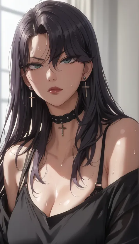 girl, alone , black hair, wolf cut, long hair, dark purple hair tips, bungs, long bangs, eyes visible through hair, side lock, DARK GREEN EYES, black eyeliner, mascara, cross earrings, industrial drilling , choker, black sweatshirts, sweat on shoulders ,...