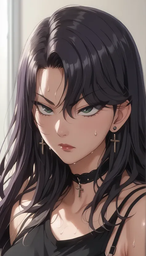 girl, alone , black hair, wolf cut, long hair, dark purple hair tips, bungs, long bangs, eyes visible through hair, side lock, DARK GREEN EYES, black eyeliner, mascara, cross earrings, industrial drilling , choker, black sweatshirts, sweat on shoulders ,...