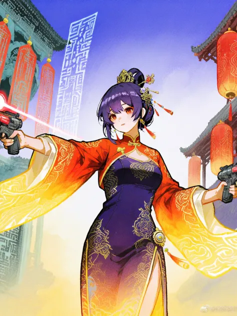 Cheongsam girl shooting in front of Zhu Qi Palace gate, Laser trajectory, costume embroidery mountain and sea sutra alien beast, hairpin hanging data flow bead curtain, traditional lacquerware texture mixed with faulty art, dusk light rendering, gradient transition between amber and dark purple, Watercolor comic style, Large elevation angle lens