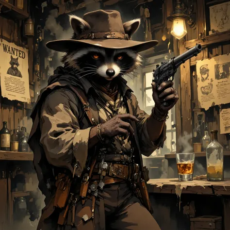 (masterpiece, best quality:1.2), 1animal, solo,(raccoon ,no hat,Western Gunman,vintage,drinking a glass of alcohol ),ink wash painting, (Wanted letter in the western bar)