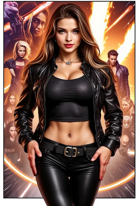 An athletic woman with shoulder-length straight black hair , brown eyes and bold red lipstick . She wears a black leather jacket , Black cropped shirt , black leather pants and black high heels . She has muscular legs , slim waist and lean six-pack abs . C...