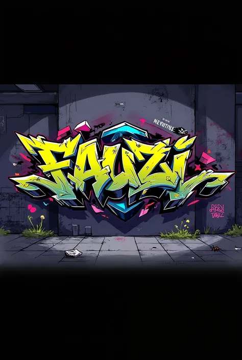 Beautiful graffiti  "Fauzi". Fond noir, artistique 
