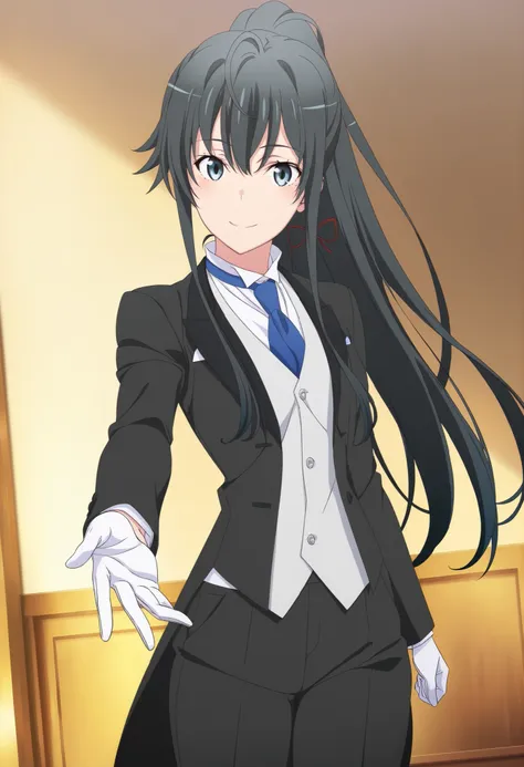 masterpiece, best quality, very detailed, , masterpiece, best quality,  eyelashes, (Beautiful Eyes), cowboy shot, anime,  Official Illustration,,,in front,,,1girl, solo, standing yukinoshita yukino, blue eyes , black hair, long hair, ponytail, tuxedo tailc...