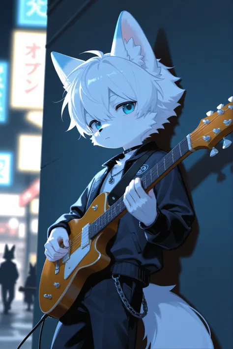 A boys,A Furry,Fox boy,white hair,Alone leaning against the wall on the street,Eyes as blue as the sea,Holding a guitar and playing,Wearing a very ordinary outfit,tchibi,8k ultra-high-definition image quality and perfect lighting effects,single boy,