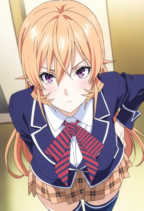 masterpiece, best quality, very detailed, , masterpiece, best quality, eyelashes, (Beautiful Eyes), cowboy shot, anime, Official Illustration,,Nakiri Erina, long hair,blonde hair,hair between eyes,purple eyes,school uniform,blue jacket,blazer,wing collar,r...