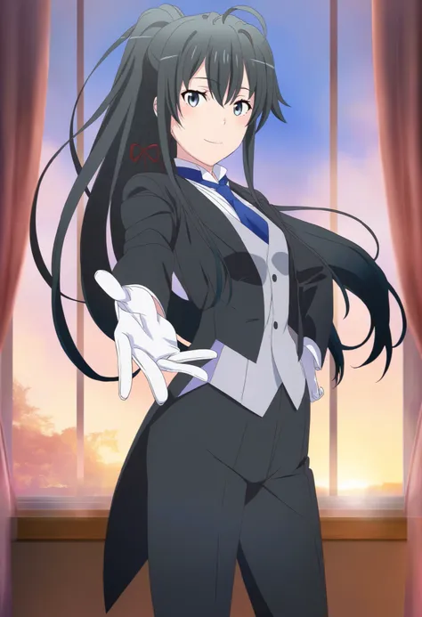 masterpiece, best quality, very detailed, , masterpiece, best quality,  eyelashes, (Beautiful Eyes), cowboy shot, anime,  Official Illustration,,,in front,,,1girl, solo, standing yukinoshita yukino, blue eyes , black hair, long hair, ponytail, tuxedo tailc...