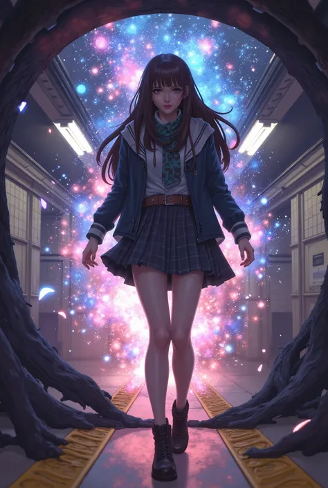 "A brave young woman stepping through a magical dimensional portal, her body partially still realistic and partially transforming into vibrant anime style, shimmering particles and magical energy swirl around the portal, the urban subway station behind her...