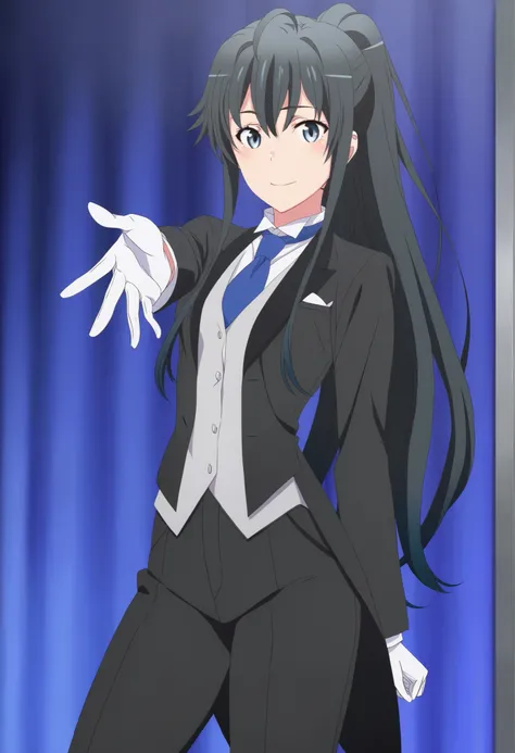 masterpiece, best quality, very detailed, , masterpiece, best quality,  eyelashes, (Beautiful Eyes), cowboy shot, anime,  Official Illustration,,,in front,,,1girl, solo, standing yukinoshita yukino, blue eyes , black hair, long hair, ponytail, tuxedo tailc...