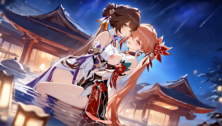  (2 girls),(Duo), (lesbian sex),  (Guinaifen \(honkai: star rail\\ groping Sushang breasts),BREAK, (Sushang \(honkai: star rail\\ embracing Guinaifen), stripping each other , looking at viewer seductively, sexy smile, wearing Chinese traditional lingerie u...