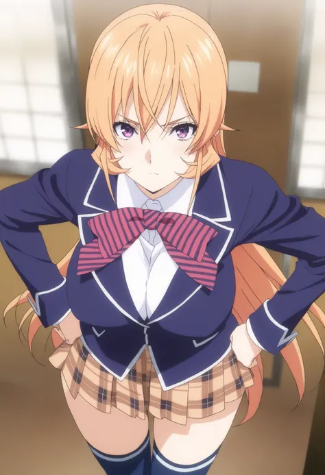 masterpiece, best quality, very detailed, , masterpiece, best quality, eyelashes, (Beautiful Eyes), cowboy shot, anime, Official Illustration,,Nakiri Erina, long hair,blonde hair,hair between eyes,purple eyes,school uniform,blue jacket,blazer,wing collar,r...