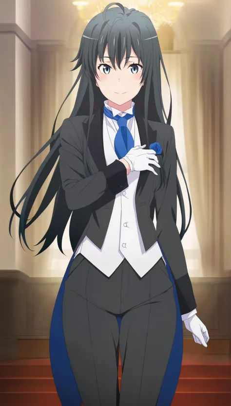 masterpiece, best quality, very detailed, , masterpiece, best quality, eyelashes, (Beautiful Eyes), cowboy shot, anime, Official Illustration,,,in front,,,1girl, solo, standing yukinoshita yukino, blue eyes , black hair,,long hair,, tuxedo tailcoat, butl...