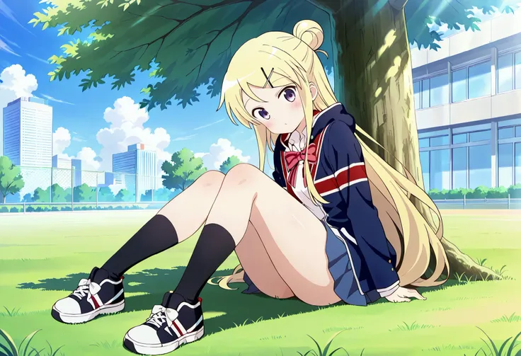 1girl, solo, long hair, looking at viewer, blush, blue eyes, skirt, blonde hair, shirt, hair ornament, bow, sitting, very long hair, school uniform, purple eyes, jacket, full body, pleated skirt, outdoors, sky, shoes, day, socks, hairclip, hood, bowtie, ha...