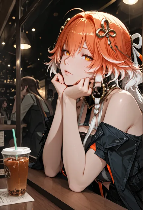  Wuthering Waves character ChangLi sitting in a coffee shop drinking a typical tea sold in Asian countries, (hands resting on her chin), (drinking through a straw), (perfect viewing angle), (character looking forward), (penetrating gaze), (bright colors), ...