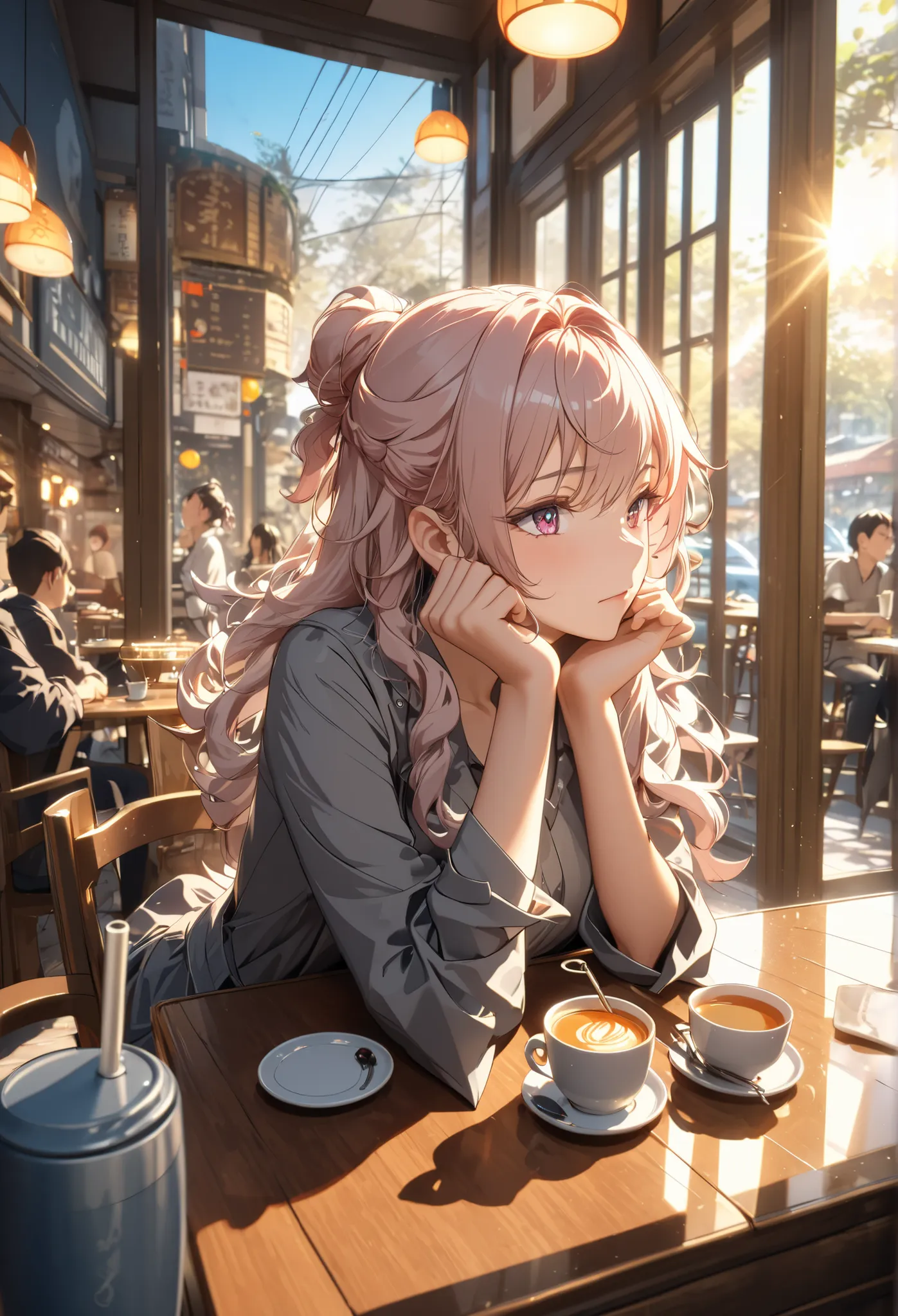 Wuthering Waves character ChangLi sitting in a coffee shop drinking a typical tea sold in Asian countries, (hands resting on her chin), (drinking through a straw), (perfect viewing angle), (character looking forward), (penetrating gaze), (bright colors), p...