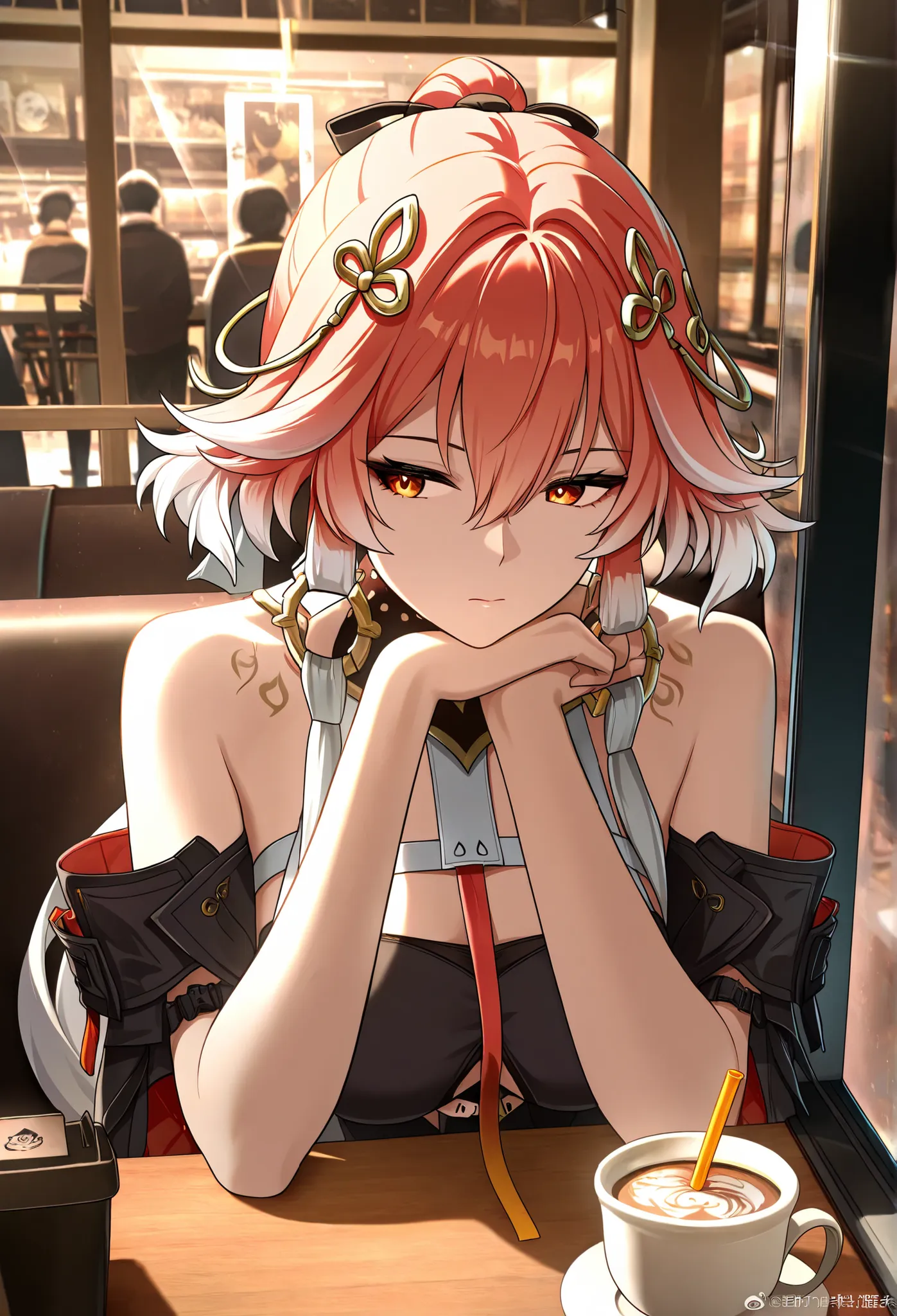  Wuthering Waves character ChangLi sitting in a coffee shop drinking a typical tea sold in Asian countries, (hands resting on her chin), (drinking through a straw), (perfect viewing angle), (character looking forward), (penetrating gaze), (bright colors), ...