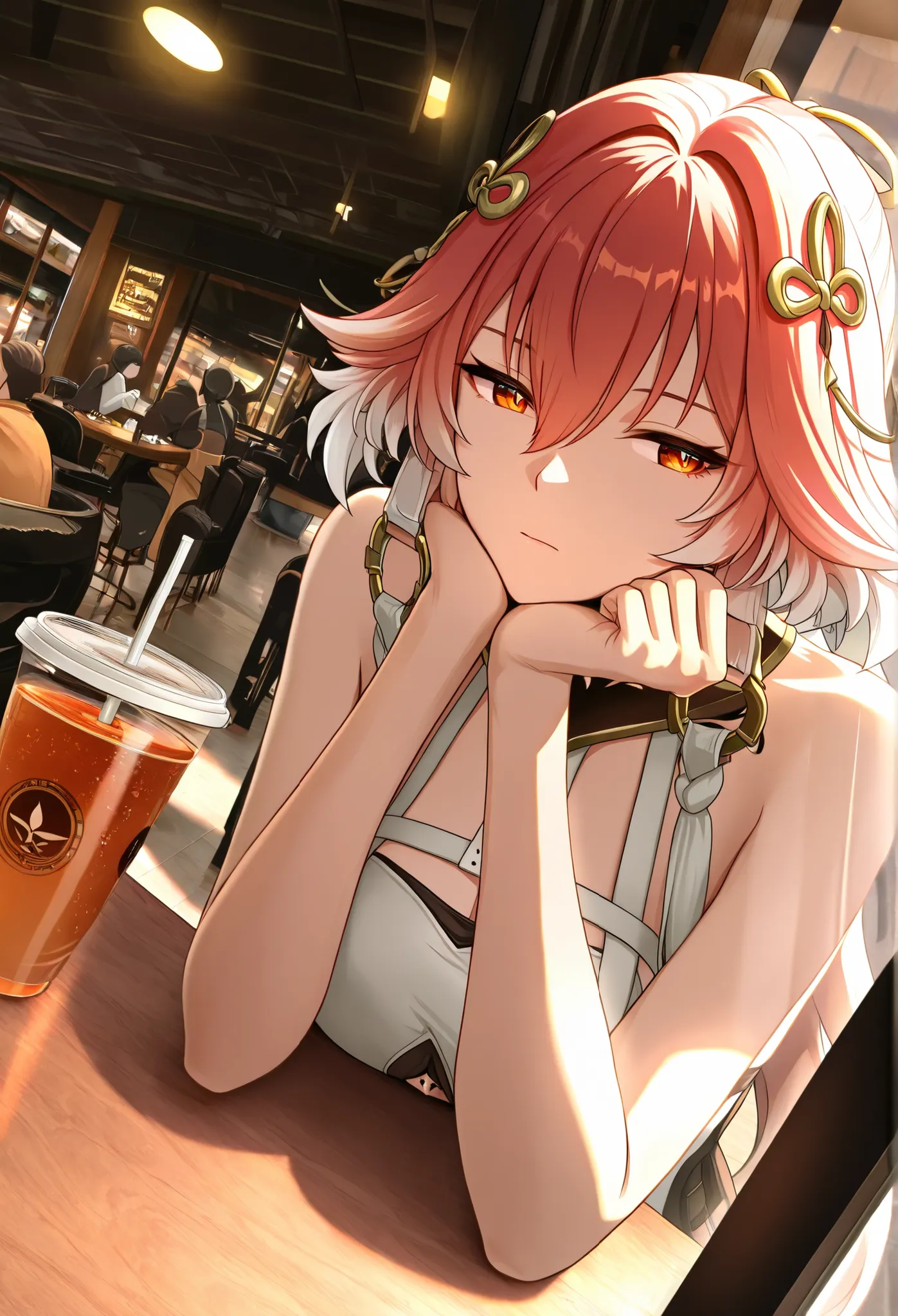  Wuthering Waves character ChangLi sitting in a coffee shop drinking a typical tea sold in Asian countries, (hands resting on her chin), (drinking through a straw), (perfect viewing angle), (character looking forward), (penetrating gaze), (bright colors), people passing by the window, (perfect lighting), ((ray tracing)) 
