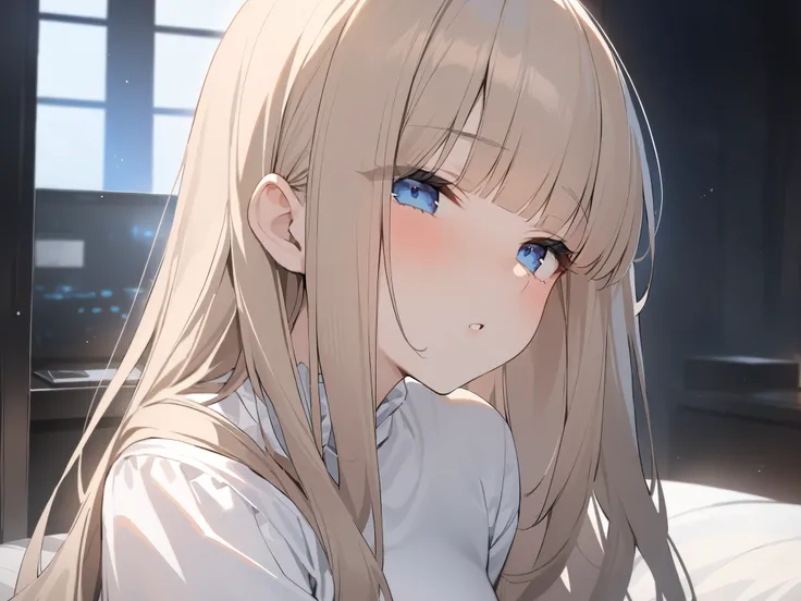 heavy blunt bangs 、chest length hair、whitish ash brown colored hair、blue dark eyes 、princess cut、dark room、Men and women are kissing、masterpiece、Highest Quality、uncensored