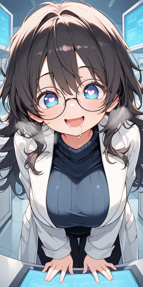 masterpiece, ultra detailed, black messy hair, big eyes, big head, solo, large breast, large lab white coat, horny, professor, a young cute girl scientist, breathing heavily, ecstatic expression, half-closed eyes, close up, leaning forward, glasses, labora...
