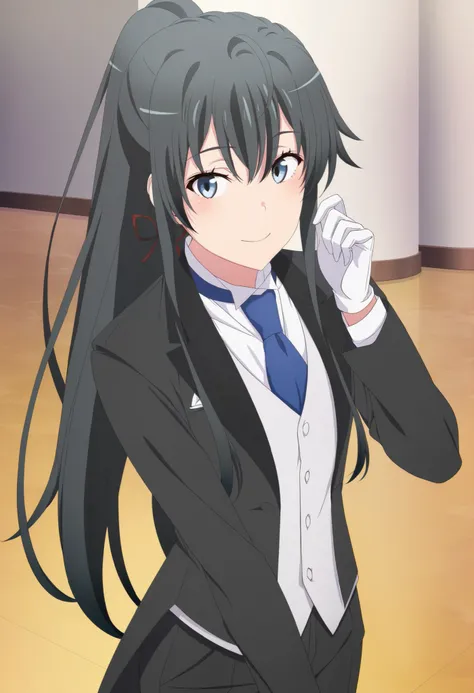 masterpiece, best quality, very detailed, , masterpiece, best quality,  eyelashes, (Beautiful Eyes), cowboy shot, anime,  Official Illustration, smile ,1girl, solo, yukinoshita yukino, blue eyes, black hair, long hair, ponytail, tuxedo tailcoat, butler, bl...