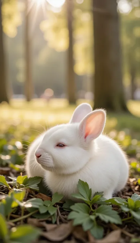 Close-up photo of a white rabbit sleeping in a sunny forest,clean backdrop,depth of fields,largeaperture,photography of,volume fog,Halo,blooms,Dramatic atmosphere,at centre,the rule of thirds,200 mm 1.4F macro shooting