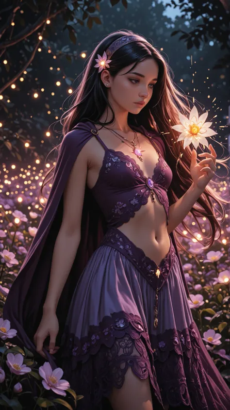 Top quality, masterpiece, ultra high definition, Original photo, 1 Girl, ((soft sardine)), cinematic lighting, very long hair, detailed eyes, small breasts, wind, necklace, piercing, ((soft dress)), ((strap clothing)), ((purple dress)), ((soft lace)), ((so...