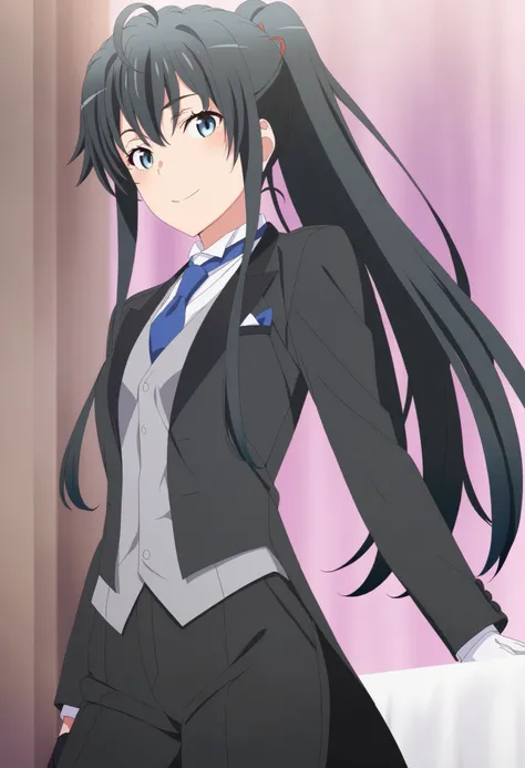 masterpiece, best quality, very detailed, , masterpiece, best quality,  eyelashes, (Beautiful Eyes), cowboy shot, anime,  Official Illustration, smile ,1girl, solo, yukinoshita yukino, blue eyes, black hair, long hair, ponytail, tuxedo tailcoat, butler, bl...