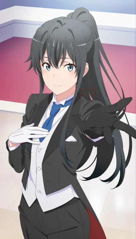masterpiece, best quality, very detailed, , masterpiece, best quality,  eyelashes, (Beautiful Eyes), cowboy shot, anime,  Official Illustration, smile ,1girl, solo, yukinoshita yukino, blue eyes, black hair, long hair, ponytail, tuxedo tailcoat, butler, bl...