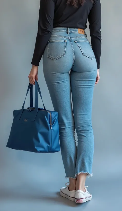 Close-up of the back of a thin Russian woman standing, wearing Levis jeans and (((Vans® sneakers model ultrarange))), holding a basic blue cooler bag, Simple bag e reta, thermal bag with tote bag size, Simple bag, Ecological sabota, nylon thermal bag, simp...