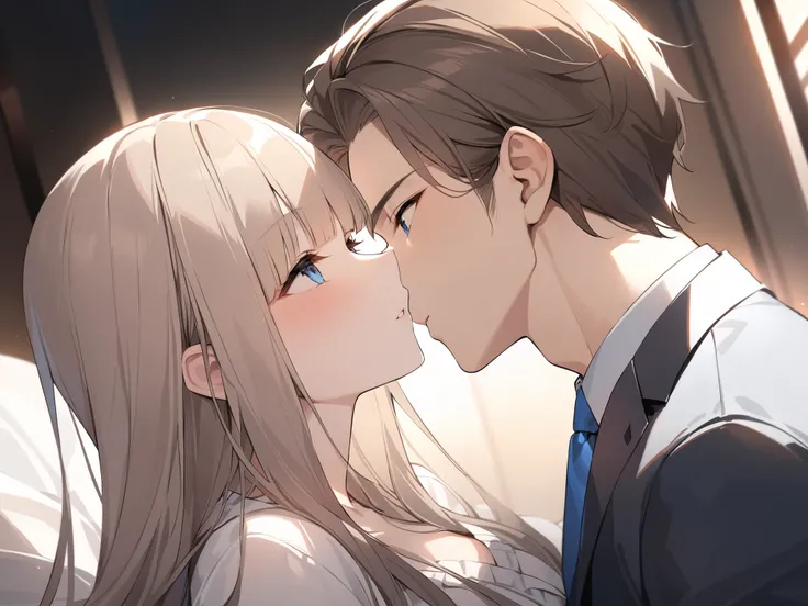 heavy blunt bangs 、chest length hair、whitish ash brown colored hair、blue dark eyes 、princess cut、dark room、suit、face-to-face、masterpiece、Highest Quality、uncensored