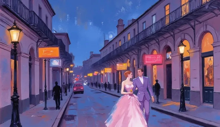Fashion illustration, a couple walking in historic new orleans street while a black man plays trompete near a street lamp, night, color palette:
Rich Lilac, Pale Red-Violet, Orchid, Medium Purple, Light Carmine Pink, Thistle (Crayola), fashion, historic, ...