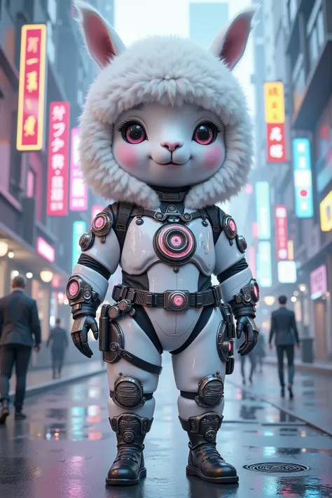 (wide angle:1.5),photorealistic portrait of Dressed animals - a ((fat)) (chibi) (baby alpaca)cyber agent,(art by Giuseppe Arcimboldo),(happy smile:1.5),(furry),high quality,(lovely) ,intricate detailed cyber bodysuits, highly detailed (cyberpunk Fashion),(...