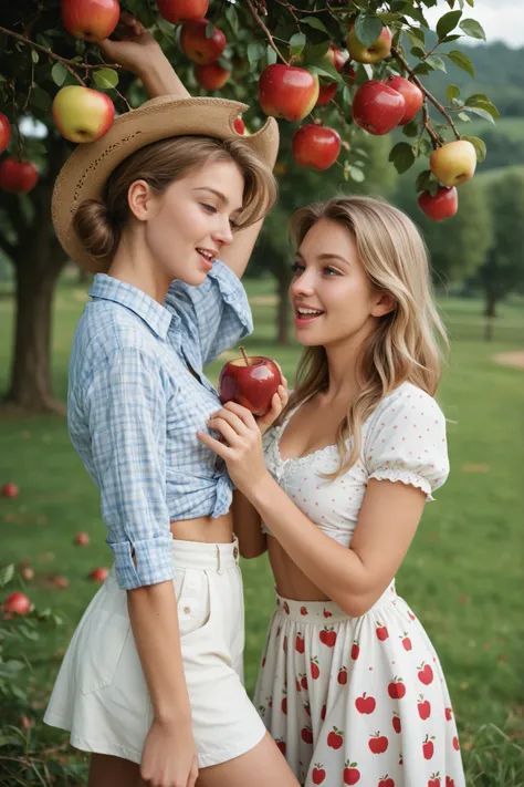 Two young women picking apples in an apple orchard. They are only wearing dungarees and plaits.