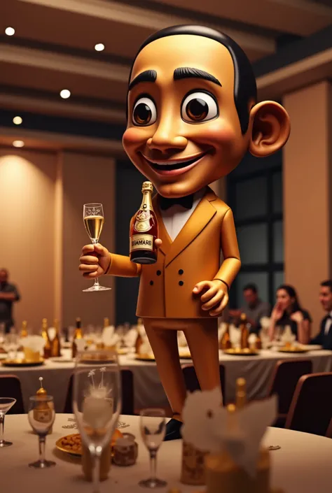 At the celebration, Tun Tun Sahur was dressed in a black tuxedo, champagne, champagne bottles, the venue was in a frenzy, and the table was full of activity, ultra detailed, absolutely resolution, masterpiece