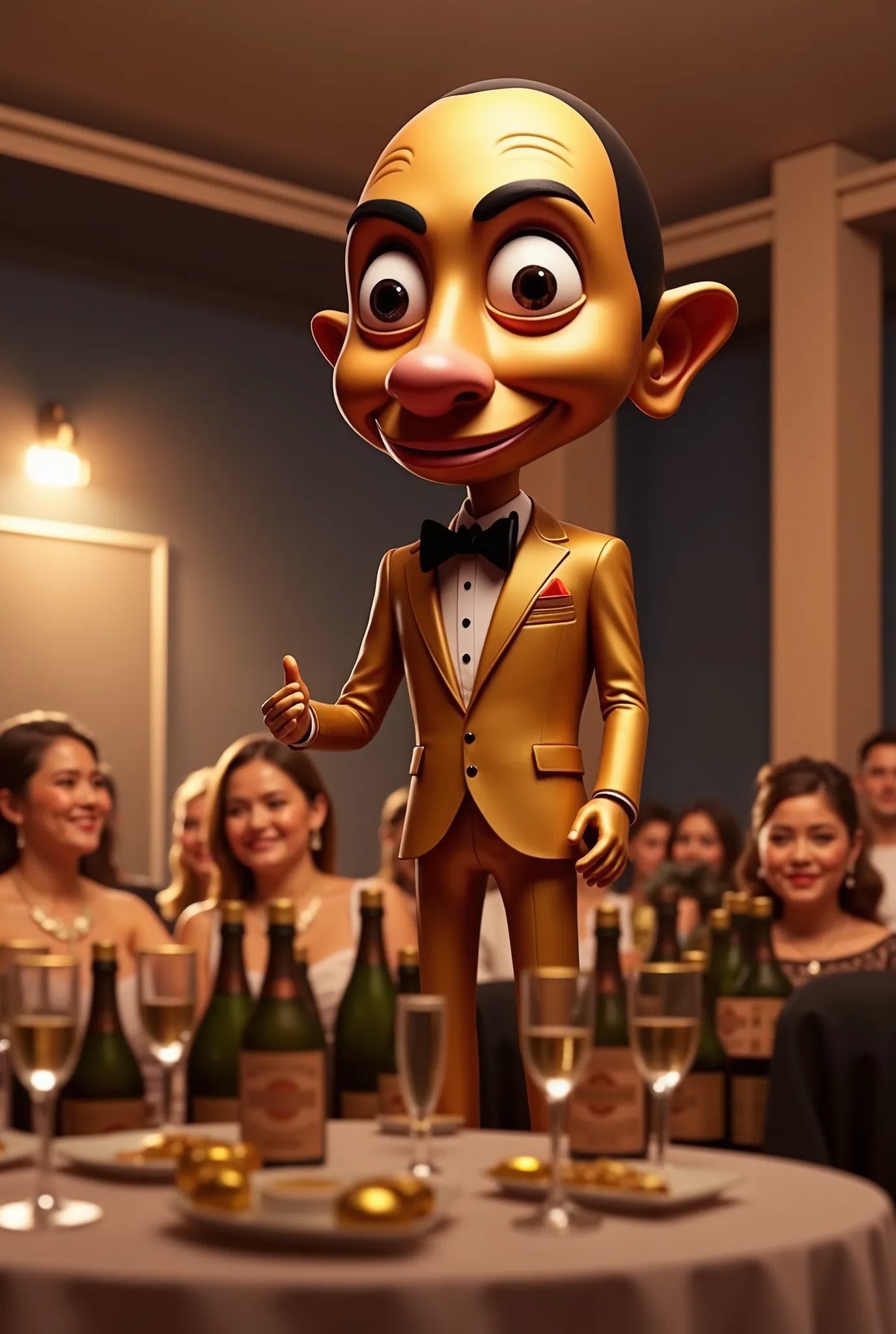 At the celebration, Tun Tun Sahur was dressed in a black tuxedo, champagne, champagne bottles, the venue was in a frenzy, and the table was full of activity, ultra detailed, absolutely resolution, masterpiece