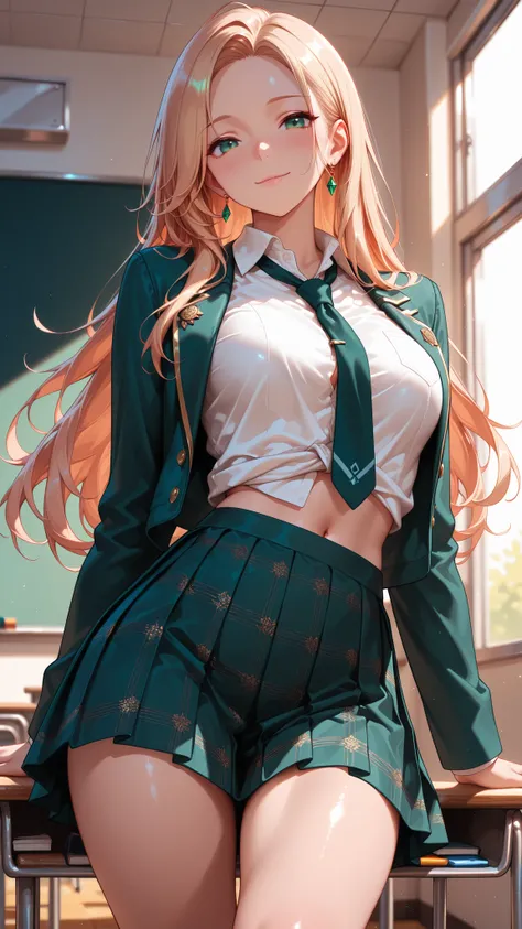 masterpiece, best quality, vibrant, very aesthetic, high contrast, semirealistic, newest,  cinematic-lightning, slender, breasts, 1girl, cowboy shot, detailed green eyes, smile, semi-long hair, blonde silky hair, forehead, sliced back hair, navel, Captivat...