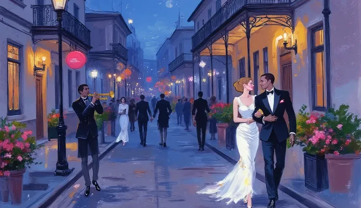 illustration, a couple walking in historic new orleans street, a black man plays trumpet near a street lamp, night, color palette:
Lapis Lazuli, Oxford Blue, Turquoise, Raw Sienna, Brown (Crayola), capture the happiness, the music and the atmosphere from...