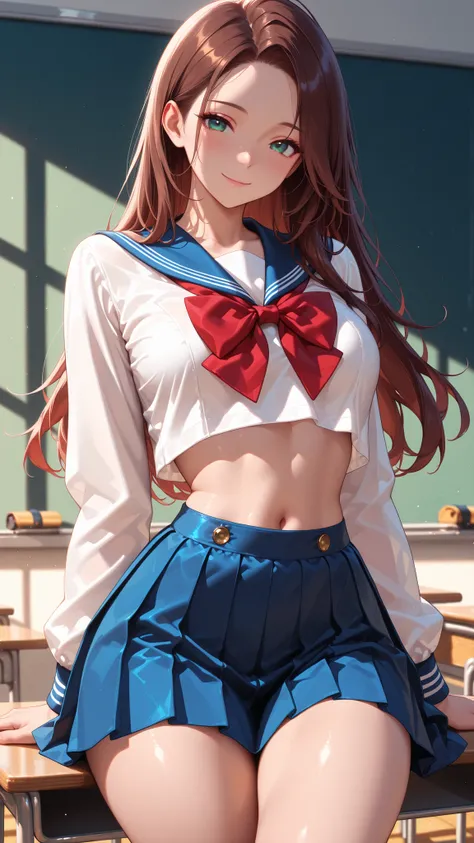 masterpiece, best quality, vibrant, very aesthetic, high contrast, semirealistic, newest,  cinematic-lightning, slender, breasts, 1girl, cowboy shot, detailed green eyes, smile, semi-long hair, dark brown silky hair, forehead, sliced back hair, navel, Capt...