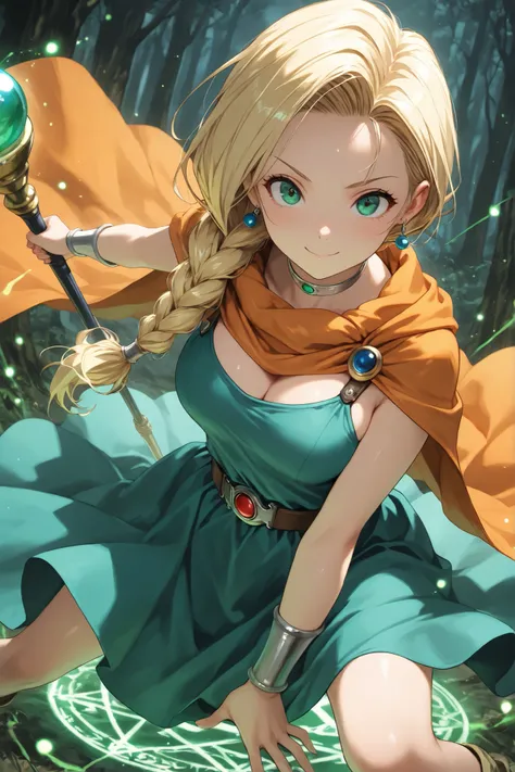 masterpiece, best quality, high resolution, highly detailed, intricate details, vibrant, high contrast, (flawless smooth skin, very aesthetic), 1girl, solo, \(Bianca from Dragon Quest V\), cute girl, very cute face, emerald green eyes, blonde single braid,...